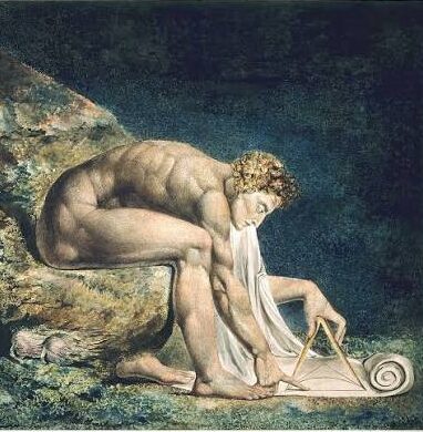 A painting of a man bent over using a mathematical instrument.