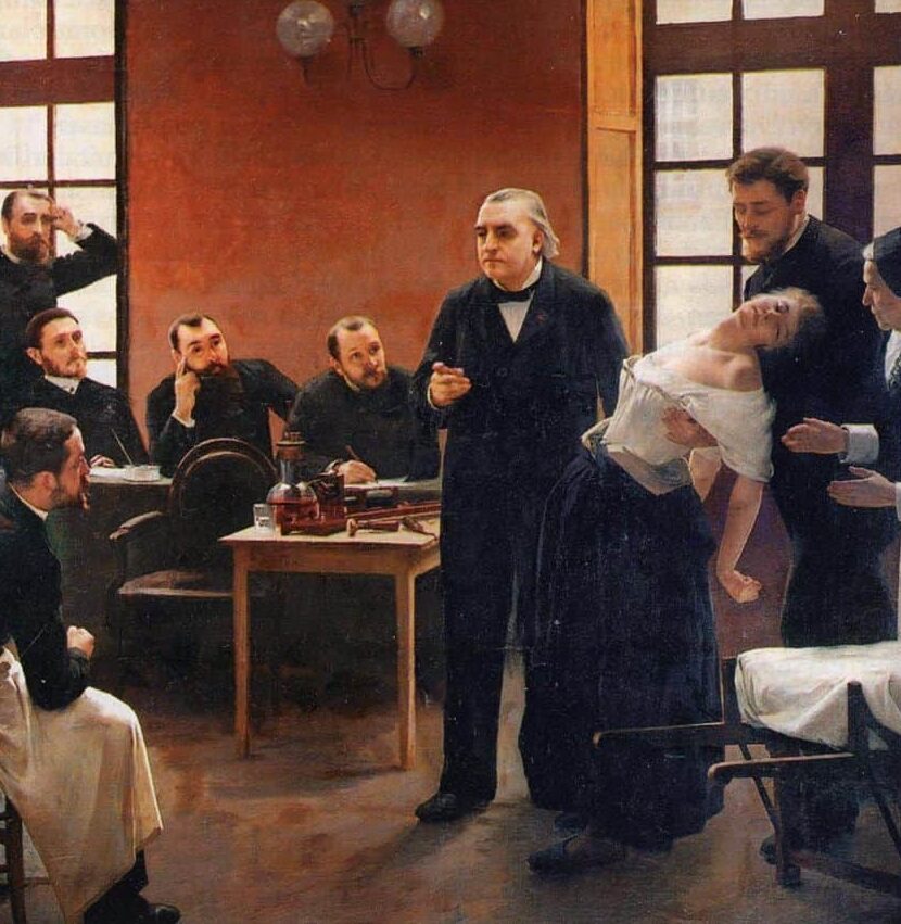 A painting of a woman fainting, held up by a man and being stared at by many other men.