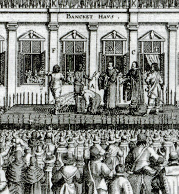 A detailed black and white illustration of the execution of King Charles.