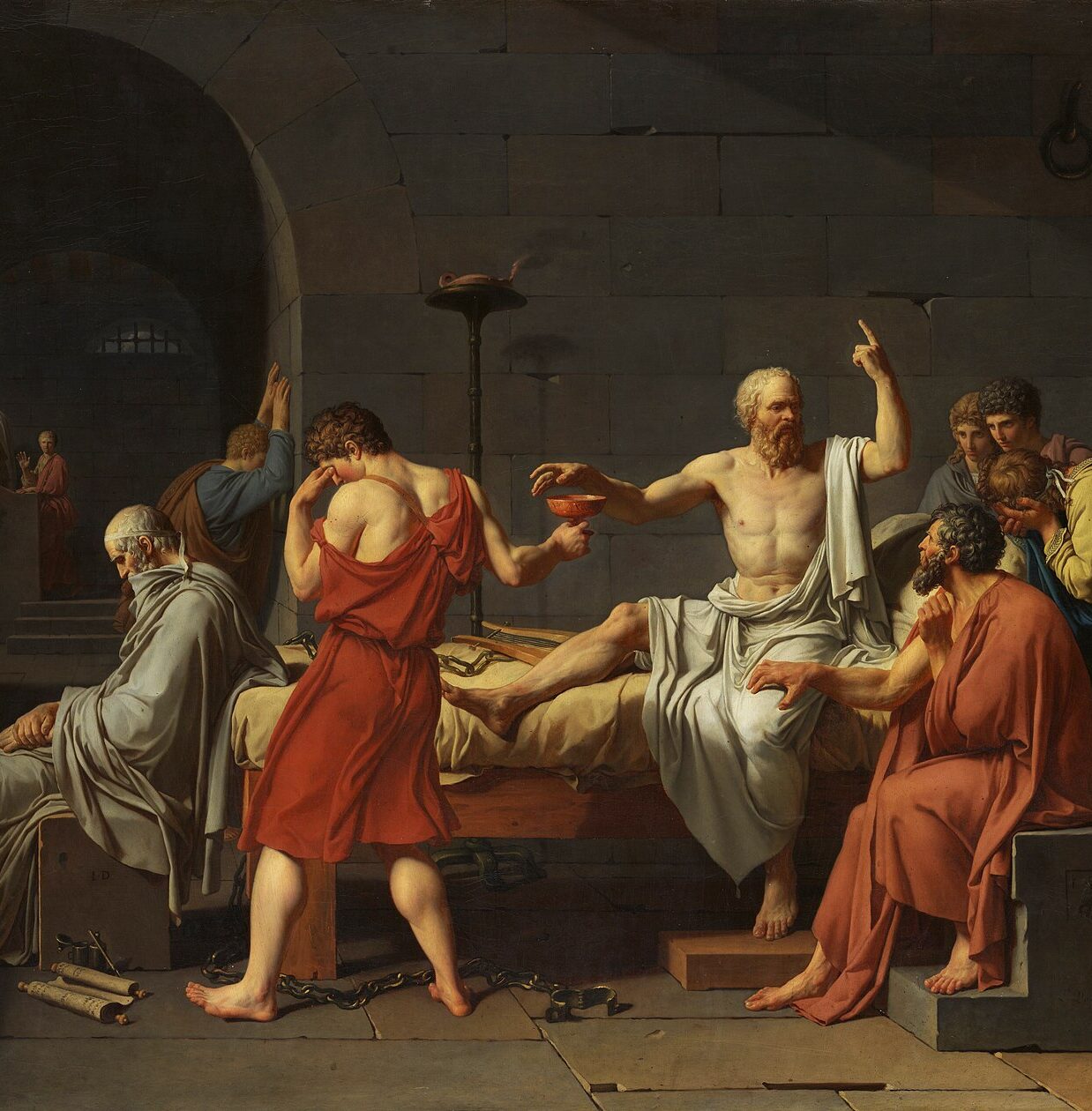 A colour painting of the death of Socrates.
