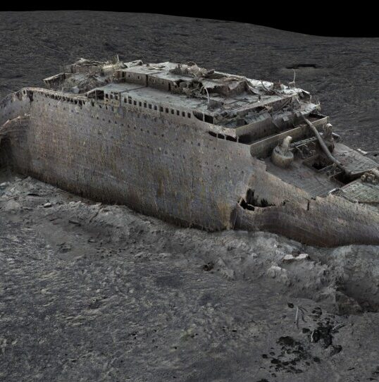 A black and white image of the sunken Titanic.